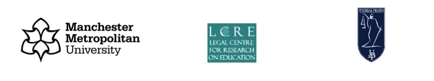 zdjęcie przedstawia od lewej ikonę manchester metropolitan university, następnie legal centre for research on education a z prawej ikonę wydziału prawa uwb