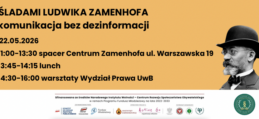 Zaproszenie do udziału w projekcie "Śladami Ludwika Zamenhofa - komunikacja bez dezinformacji" (22 maja 2026 r.) - materiał graficzny promujący przedmiotowe wydarzenie