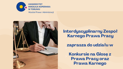 Konkurs na glosę z prawa pracy i prawa karnego - grafika promocyjna dostarczona przez organizatora