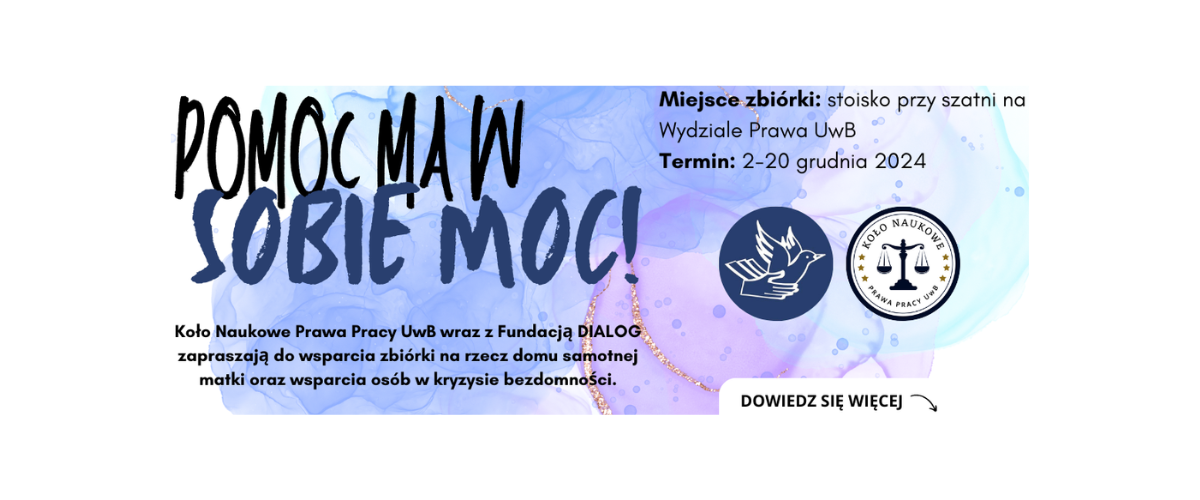 Baner promujący zbiórkę na rzecz Fundacji DIALOG w Białymstoku "Pomoc ma w sobie moc!"