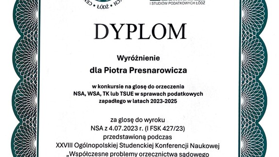 Glosa studenta Piotr Presnarowicza wyróżniona w finale Ogólnopolskiego Konkursu Studenckiego zorganizowanego przez CDiSP!