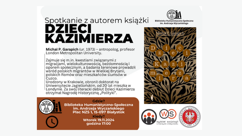 Biblioteka Humanistyczno-Społeczna im. Andrzeja Wyczańskiego zaprasza na spotkanie z Michałem P. Garapichem autorem książki: Dzieci Kazimierza