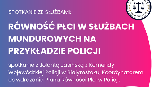 Plakat promujący spotkanie z policją na Wydziale Prawa UwB