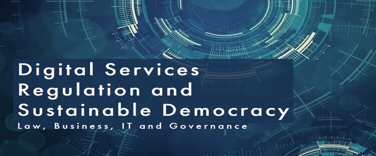 grafika w kolorze niebieskim, napis: Digital Services Regulation and Sustainable Democracy