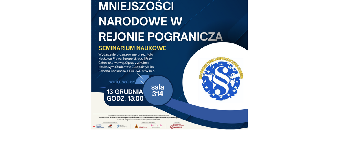 Plakat promujący seminarium naukowe „Mniejszości narodowe w rejonie pogranicza” z najważniejszymi informacjami dot. wydarzenia