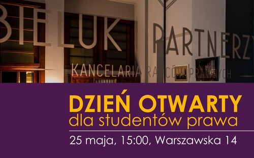 Dzień Otwarty Kancelarii Radców Prawnych Bieluk i Partnerzy dla studentów Wydziału Prawa UwB (25 maja 2026 r.) - grafika promująca wydarzenie