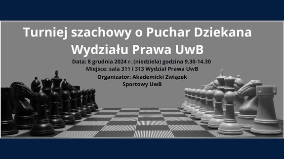 Szachownica z ustawionymi bierkami. Po środku napis o nazwie organizowanego turnieju szachowego i informacji z nim związanych. 