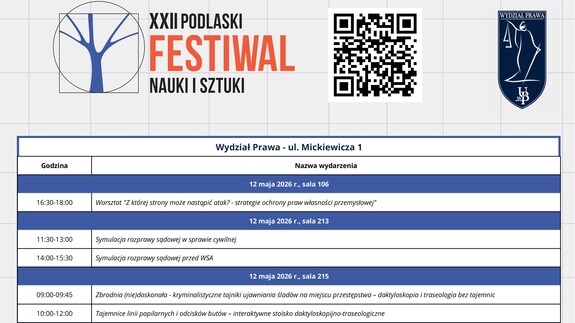 XXII Podlaski Festiwal Nauki i Sztuki na Wydziale Prawa UwB - plakat promujący wydarzenie