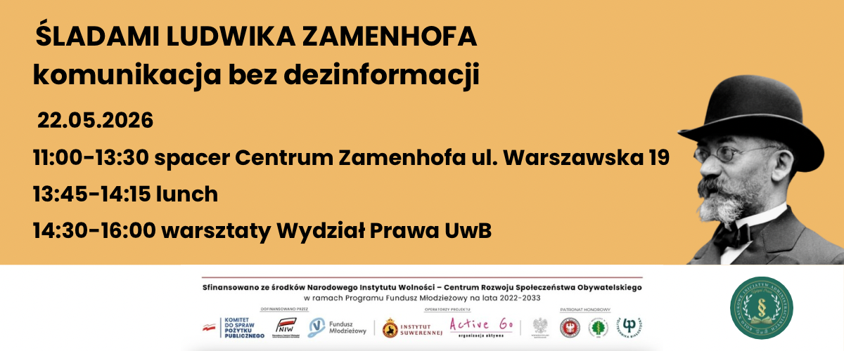 Zaproszenie do udziału w projekcie "Śladami Ludwika Zamenhofa - komunikacja bez dezinformacji" (22 maja 2026 r.) - materiał graficzny promujący przedmiotowe wydarzenie