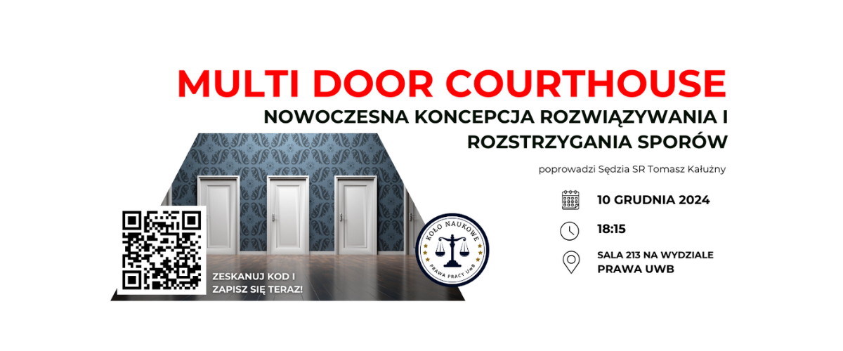 Baner promujący wydarzenie Multi Door Courthouse - nowoczesna koncepcja rozwiązywania i rozstrzygania sporów