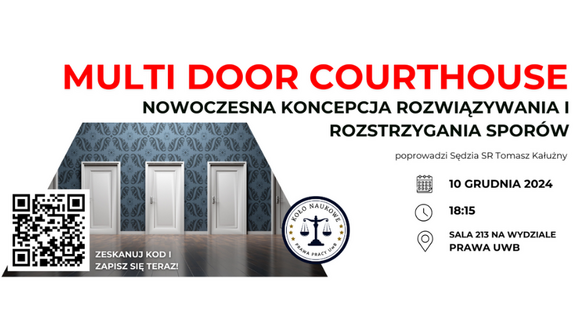 Baner promujący wydarzenie Multi Door Courthouse - nowoczesna koncepcja rozwiązywania i rozstrzygania sporów