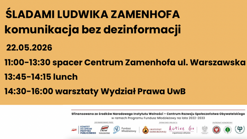Zaproszenie do udziału w projekcie "Śladami Ludwika Zamenhofa - komunikacja bez dezinformacji" (22 maja 2026 r.) - materiał graficzny promujący przedmiotowe wydarzenie