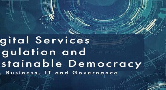 grafika w kolorze niebieskim, napis: Digital Services Regulation and Sustainable Democracy